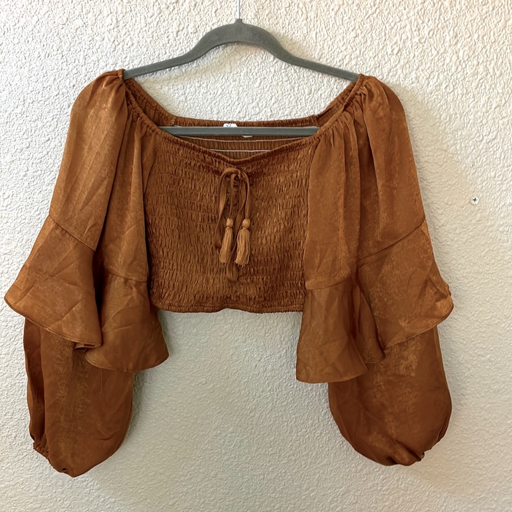 Off the shoulder silk rust top
